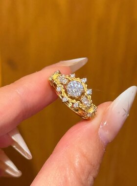 vintage中古枝叶缠绕镀金戒指小众高级感万缕藤蔓手饰锆石钻戒女