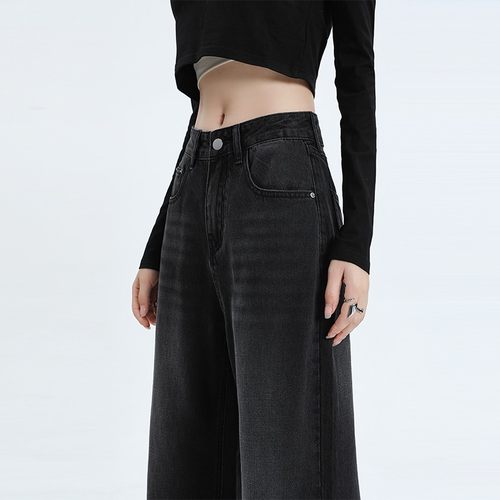 BWKA黑灰色阔腿加绒牛仔裤女秋冬高腰宽松休闲直筒裤垂感显瘦裤子 - 图1