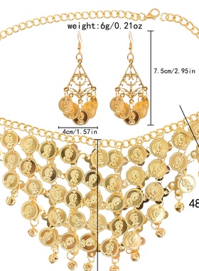 欧美复古时尚项链耳环套装合金夸张几何金色项饰印度舞演出