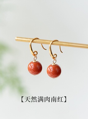 红色耳环南红耳钉中式无洞耳夹女银复古本命年过年耳饰