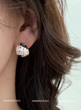 复古小众金色双圈格纹耳环女碎冰冰轻奢高级感气质耳饰新款