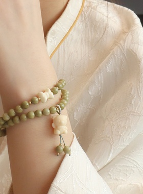 新中式天然阿拉善双圈手链小清新牛油果绿芭比檀木手串菩提小熊