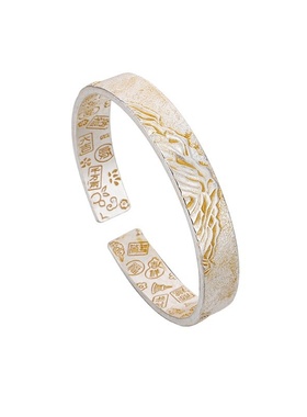 白铜镀银日照金山手镯吉言描金实心百搭情侣镯子千里江山开口手镯