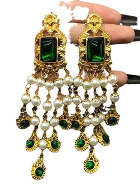 中古琉璃珍珠多层项链珍珠耳环套装欧美夸张复古长款流苏耳环项链