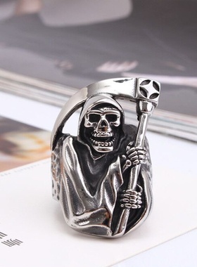 饰品 个性复古钛钢指环 死神镰刀霸气骷髅头男戒指