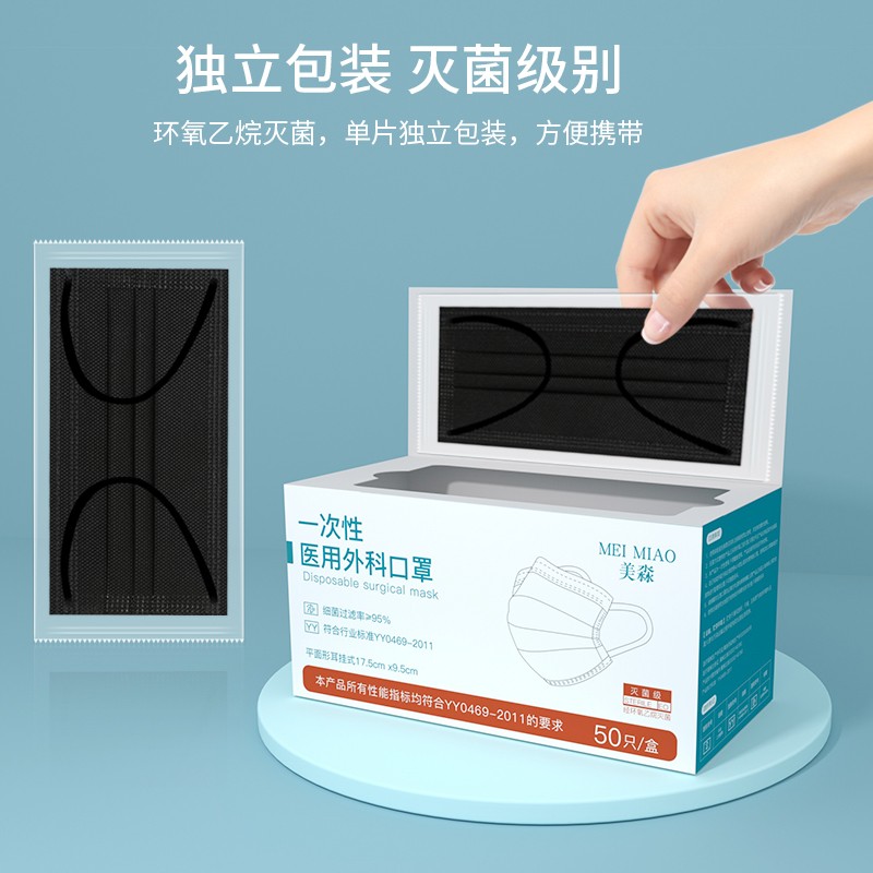 黑色口罩医用外科一次性医疗三层可用单独包装成人男潮款 - 图1