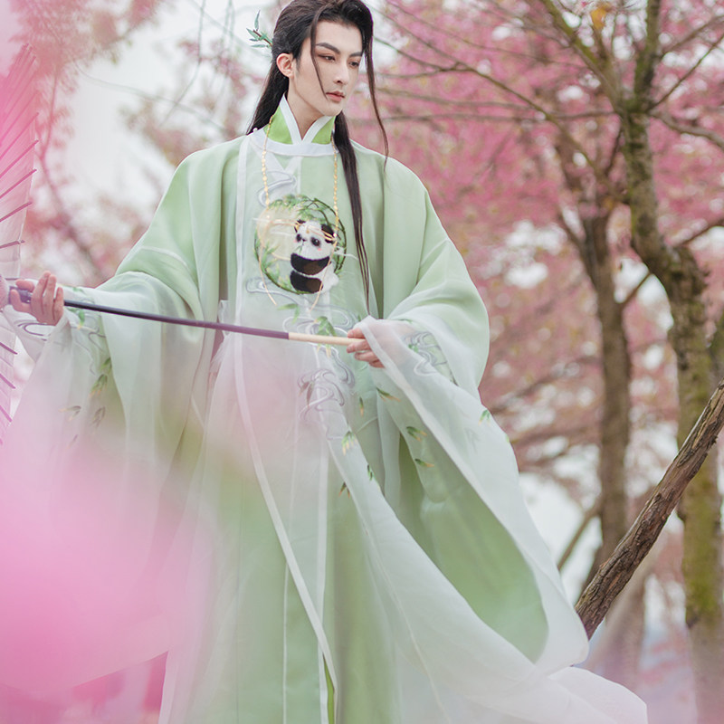 煌月竹子滚滚熊猫小梦同款绣花圆领袍直裰道袍明制汉服男女同款_虎窝淘