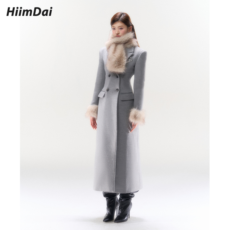 HiimDai 潮汐 优越版型!原创沙漏腰大衣 含羊毛双排扣毛呢外套 - 图1