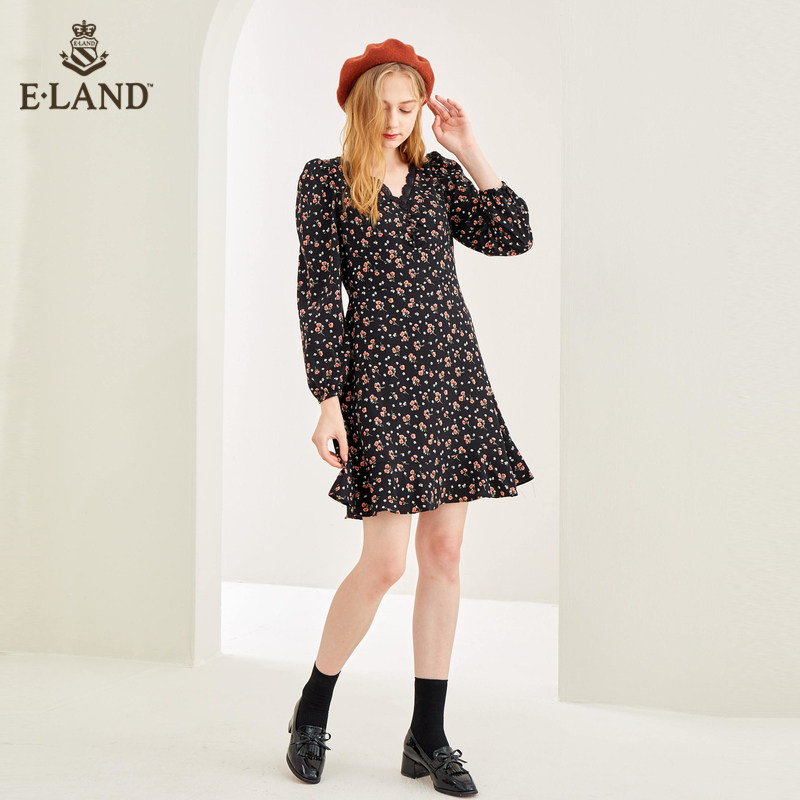 eland2020气质显瘦碎花蕾丝连衣裙 衣恋集团outlets店连衣裙