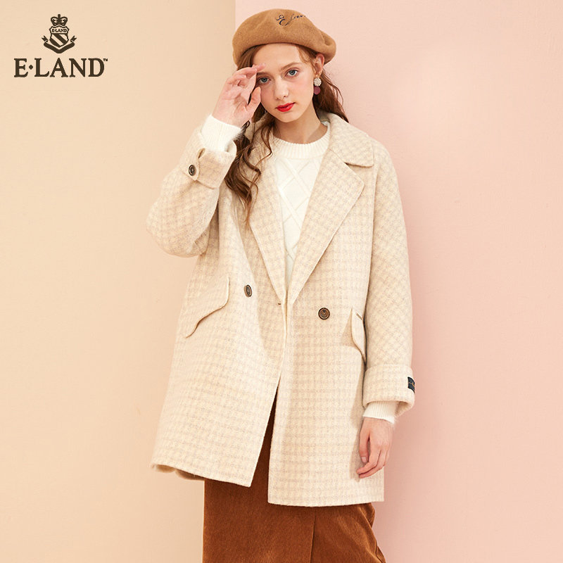 eland秋冬韩版风纯色简约毛呢大衣 衣恋集团outlets店毛呢外套