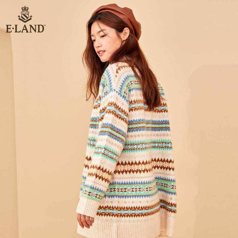 eland2020冬季新款复古风v领开衫 衣恋集团outlets店毛针织衫