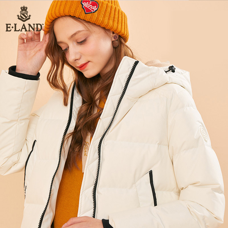 eland秋冬纯色连帽撞色边羽绒服 衣恋集团outlets店羽绒服