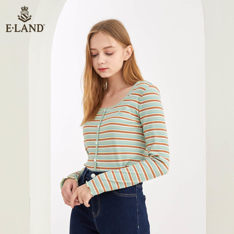 eland减龄缤纷条纹女长袖韩版t恤 衣恋集团outlets店T恤