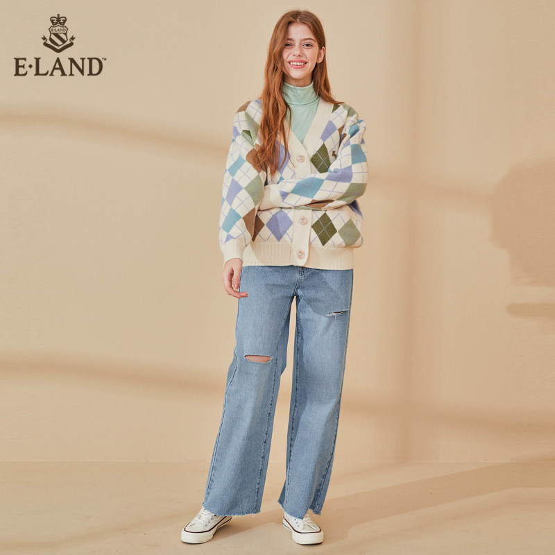 eland2020秋季新款复古港风开衫 衣恋集团outlets店毛针织衫