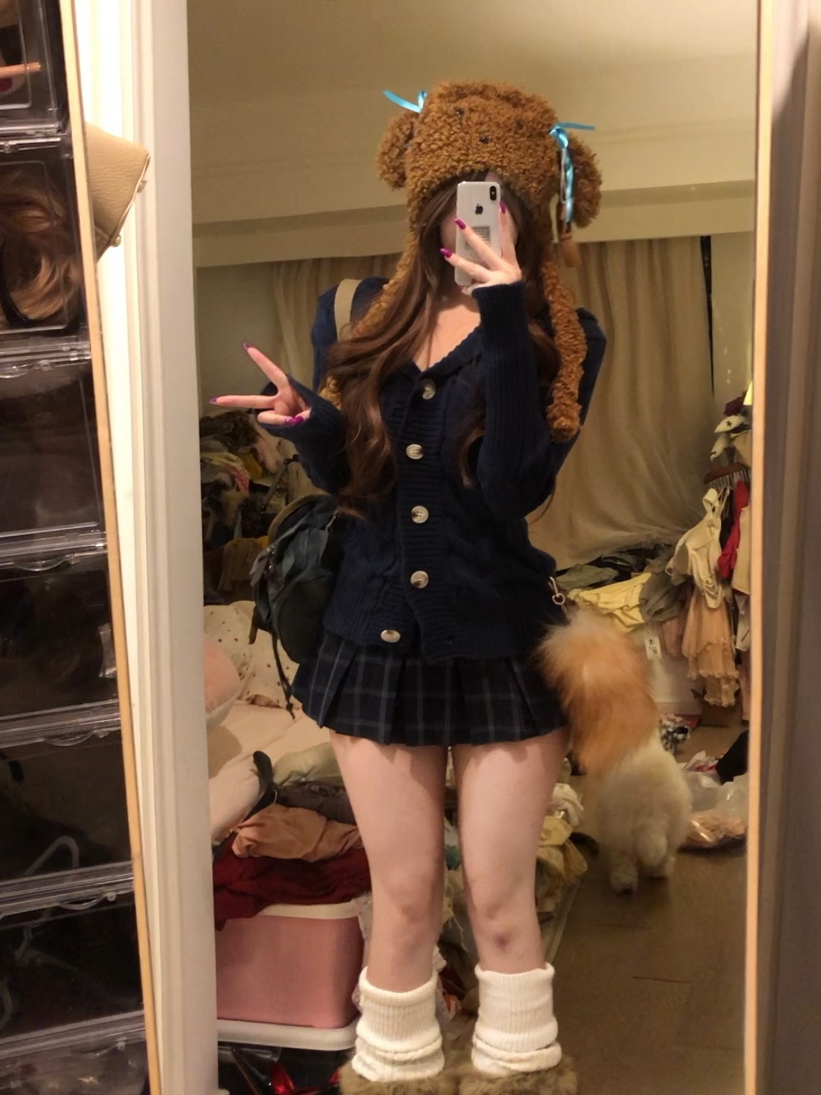 荔桃想睡觉ya【藏青耶鲁】秋冬学院风针织开衫毛衣收腰格纹百褶裙 - 图0