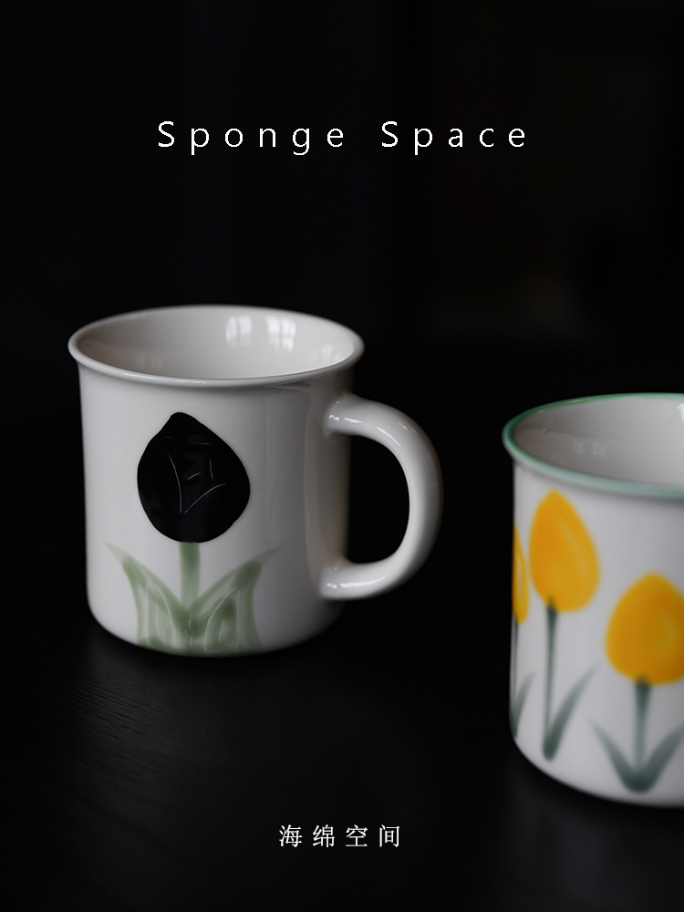 SpongeSpace复古彩色花朵手绘马克杯陶瓷咖啡杯家用水杯牛奶杯子 - 图0