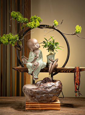 中式风迎客松喷泉禅意流水摆件