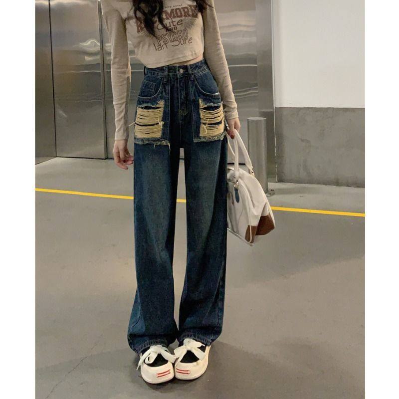 美式复古高腰牛仔裤女2025秋季新款设计感不规则破洞直筒阔腿裤潮,淘宝优惠券,粉丝福利购,淘宝优惠卷