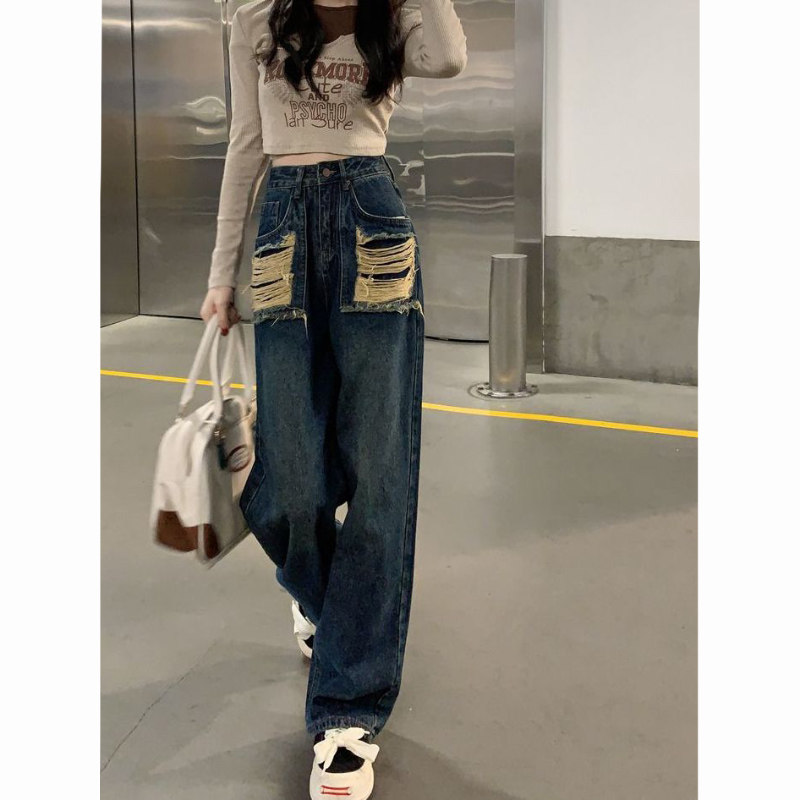 美式复古高腰牛仔裤女2025秋季新款设计感不规则破洞直筒阔腿裤潮,淘宝优惠券,粉丝福利购,淘宝优惠卷