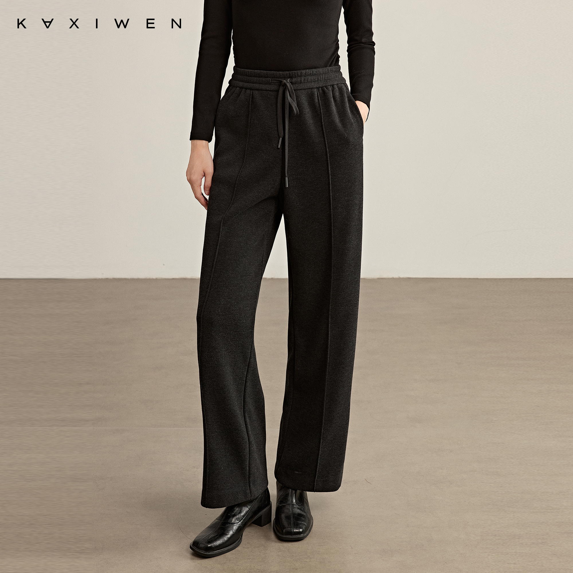 佧茜文通勤气质休闲长裤2025冬季新款松紧高腰百搭磨毛直筒裤 - 图3