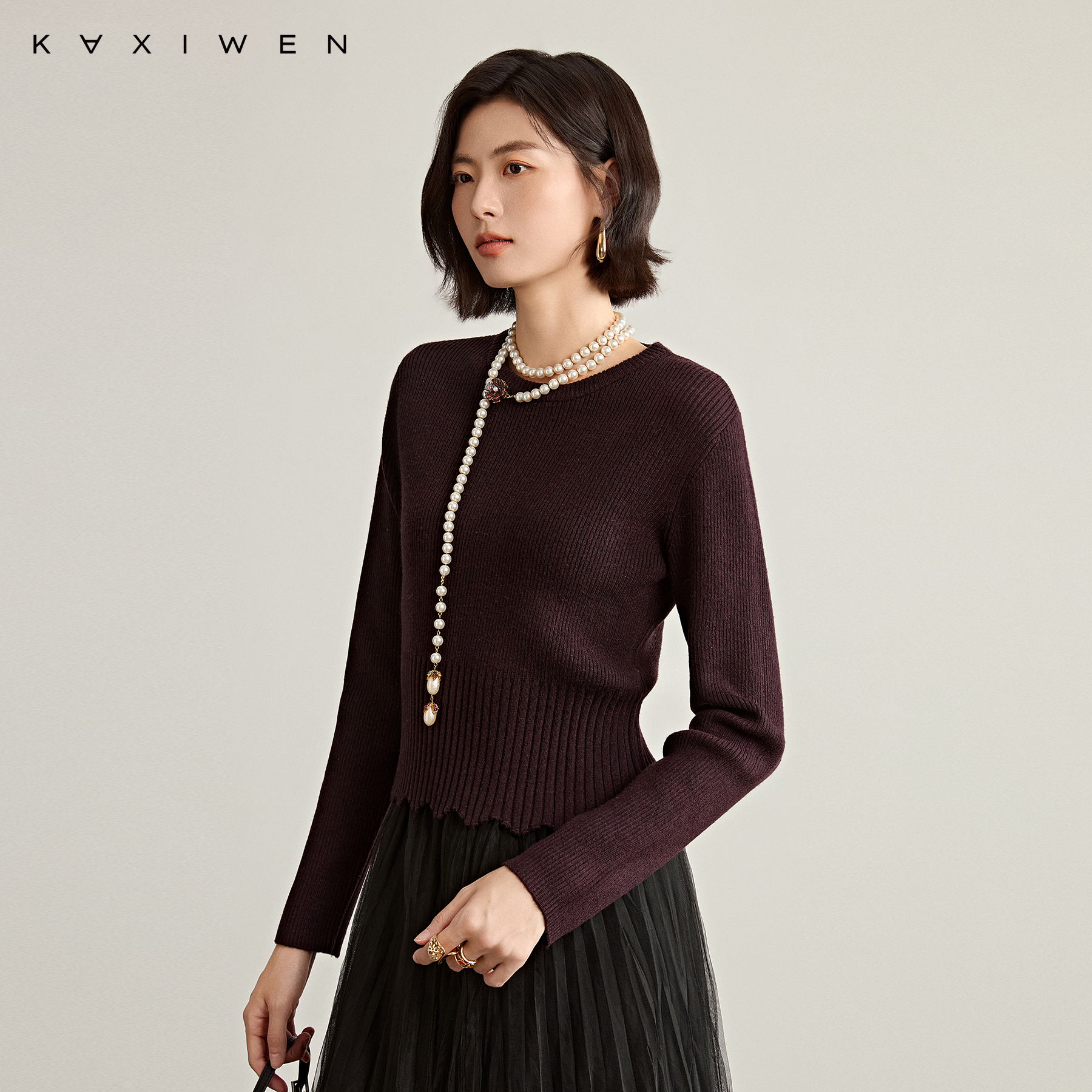 【博主同款】佧茜文优雅波浪边针织衫2025冬季新款罗纹领口上衣女 - 图3