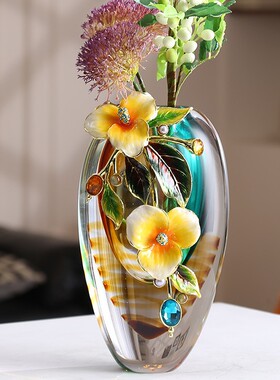 创意轻奢高端珐琅彩玻璃摆件客厅玄关欧式美式家居装饰精雕花瓶