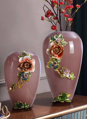 珐琅彩粉色玻璃插花花瓶工艺品家居装饰品卧室客厅电视柜玄关摆件