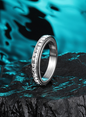 钛钢可转动戒指男款方钻指环男生