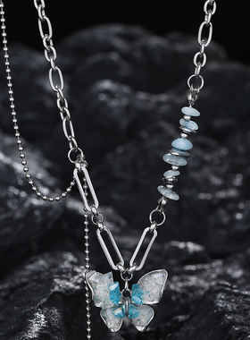 湖蓝色蝴蝶锆石流苏清冷感项链