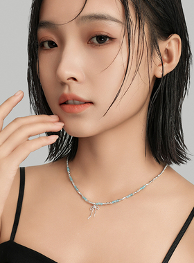 蓝色水晶碎银蝴蝶结项链精致韩系