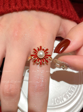 红色烟花珍珠开口戒指女款秋冬