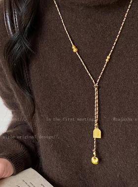 棕色双爱心元宝项链女