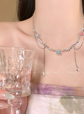 跌入花海~撞色花花流苏珍珠项链女夏天颈链多巴胺小众夸张锁骨链