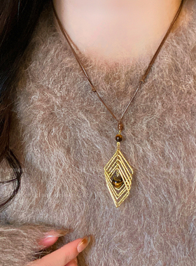 波西米亚金色羽毛虎眼石项链女