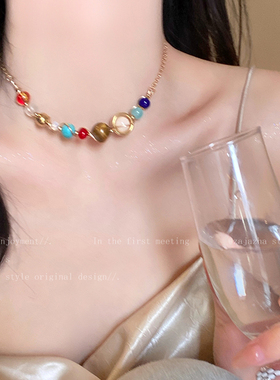 彩色多巴胺串珠项链女款轻奢高级感复古锁骨链民族风时尚百搭颈链