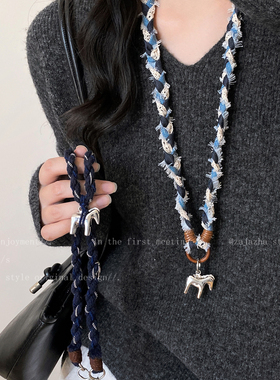牛仔布艺银色木马编织项链女