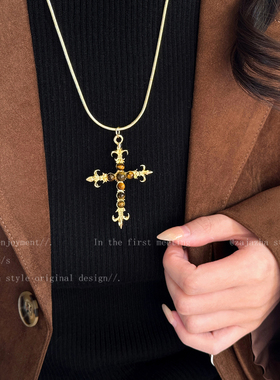 虎眼石十字架项链女复古长款