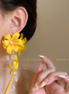 超仙黄色花朵流苏耳环女