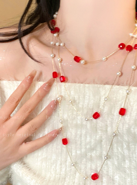 本命年红色珍珠毛衣链女