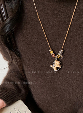 木质小马串珠项链女款秋冬