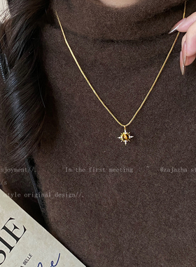 金色虎眼石叠戴长款项链女秋冬