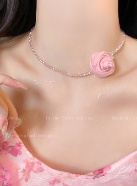 网纱玫瑰花串珠项链女款适合夏天戴的锁骨链日常百搭小众设计颈链
