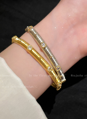 中古闪钻锆石拉丝手镯女轻奢小众高级感复古手链布契拉提重工手饰