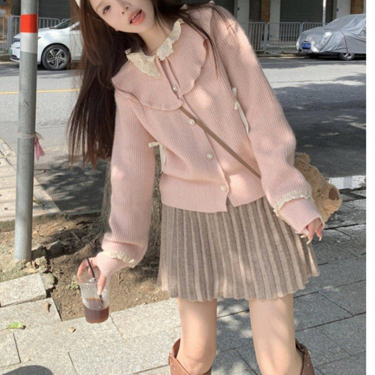 蕾丝花边娃娃领蝴蝶结粉色针织毛衣女装小个子温柔风短款开衫外套,淘宝优惠券,粉丝福利购,淘宝优惠卷