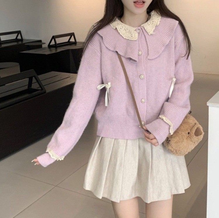 蕾丝花边娃娃领蝴蝶结粉色针织毛衣女装小个子温柔风短款开衫外套,淘宝优惠券,粉丝福利购,淘宝优惠卷