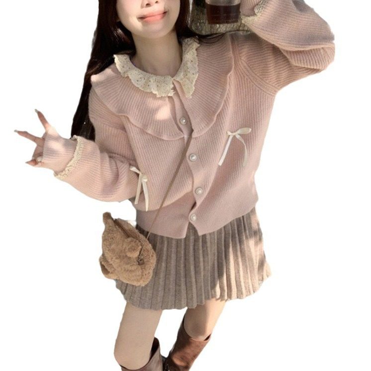 蕾丝花边娃娃领蝴蝶结粉色针织毛衣女装小个子温柔风短款开衫外套,淘宝优惠券,粉丝福利购,淘宝优惠卷