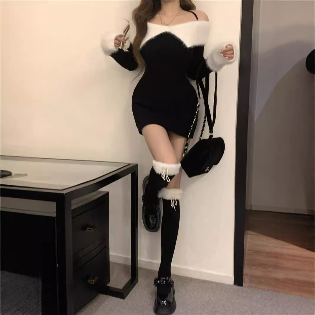 秋冬新款红色圣诞氛围感性感包臀裙子女一字肩针织毛衣连衣裙女装,淘宝优惠券,粉丝福利购,淘宝优惠卷