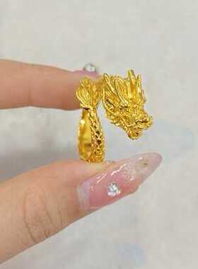 老虎头足金男款盘龙戒指包银霸气