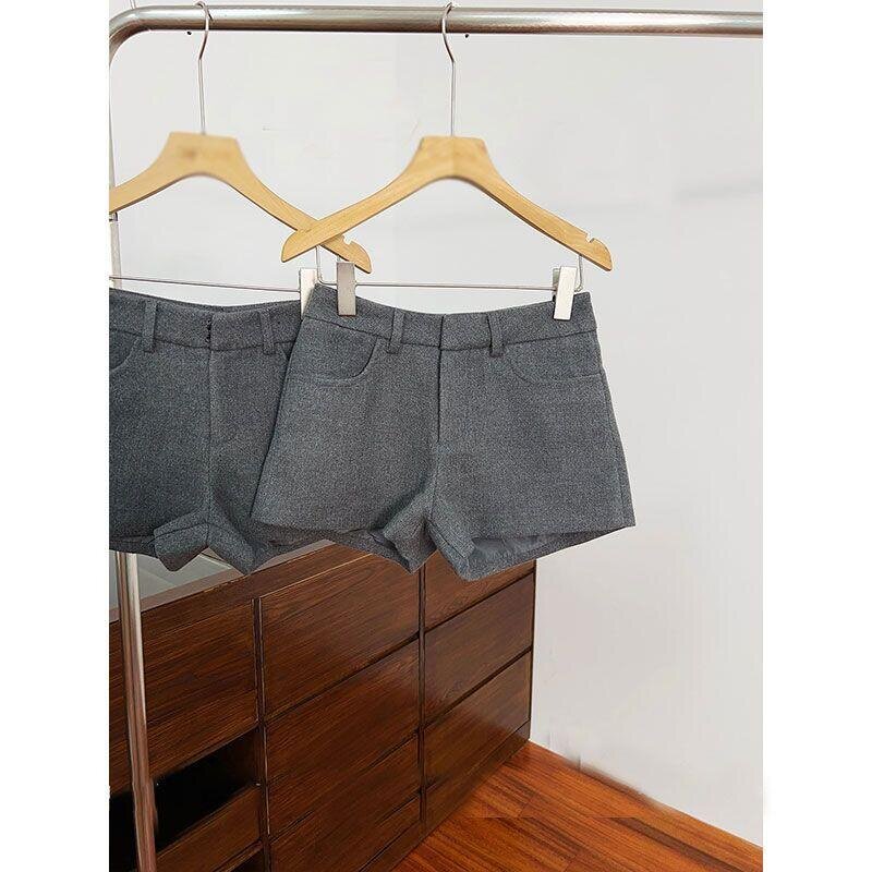 韩系简约百搭高腰阔腿休闲裤女秋冬气质显瘦灰色毛呢短裤直筒靴裤 - 图2