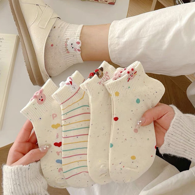 Dot yarn socks women's socks ins spring and summer thin Japanese cartoon bunny short socks shallow mouth boat socks